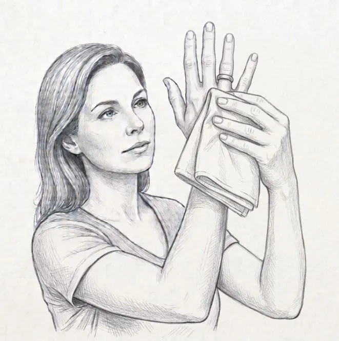 A woman raising her hand above the level of her heart and holding it