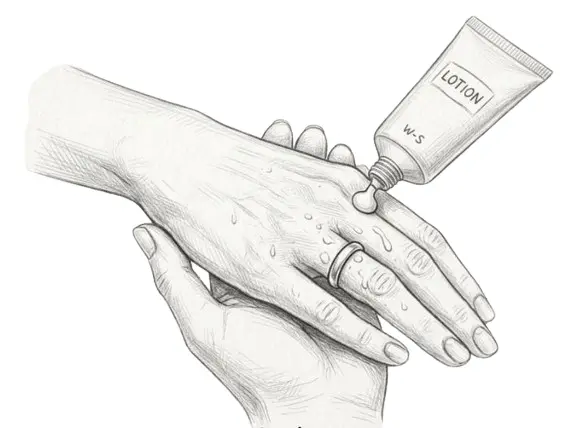 A woman raising her hand above the level of her heart and holding it